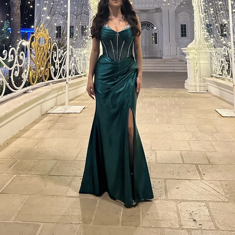 Emerald Green Satin Embellished Corset Evening Dress - Picture 3 of 7